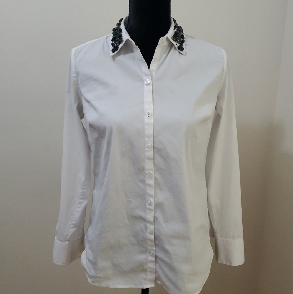 Elegant Ann Taylor White Women's Top with Embellished Collar